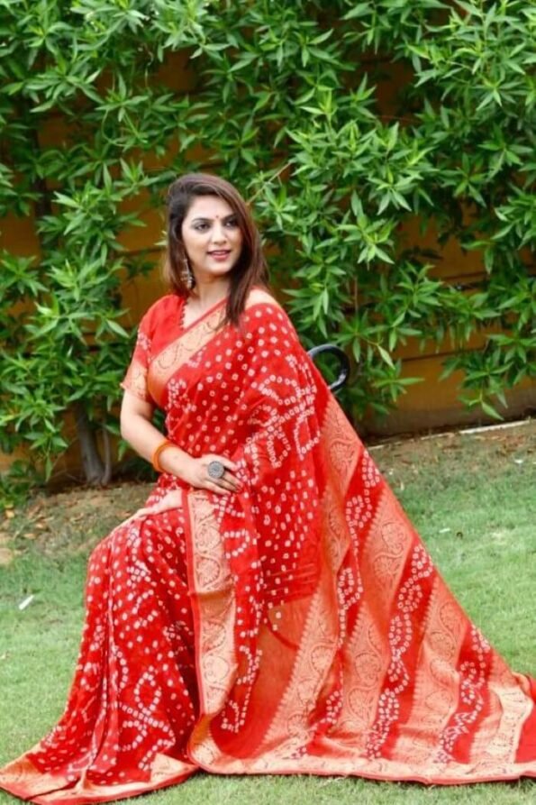 Red Pure Bandhej silk saree-Veer1E