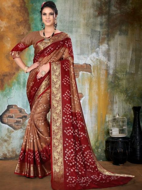 Orange Art Silk Bandhani Marriage Saree with Zari Weaving