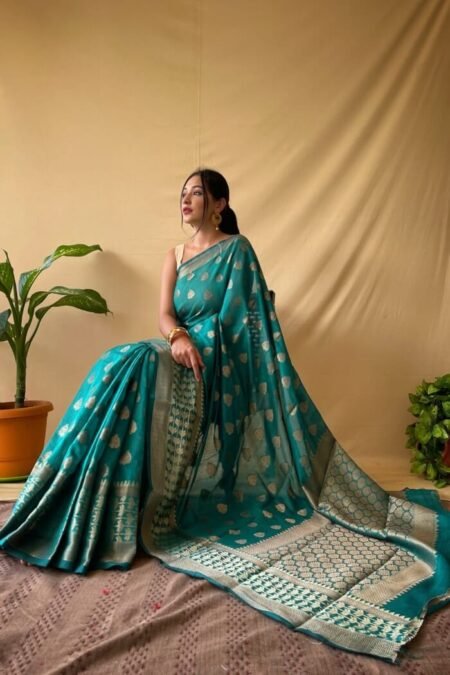 Gleaming Rama Cotton Linen Saree-tas03ca