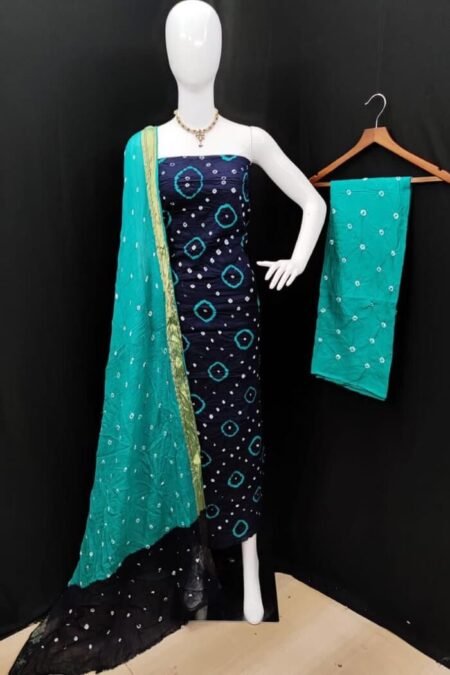 Blue Pure Cotton Bandhani Dress Material set with Dupatta-kt03d