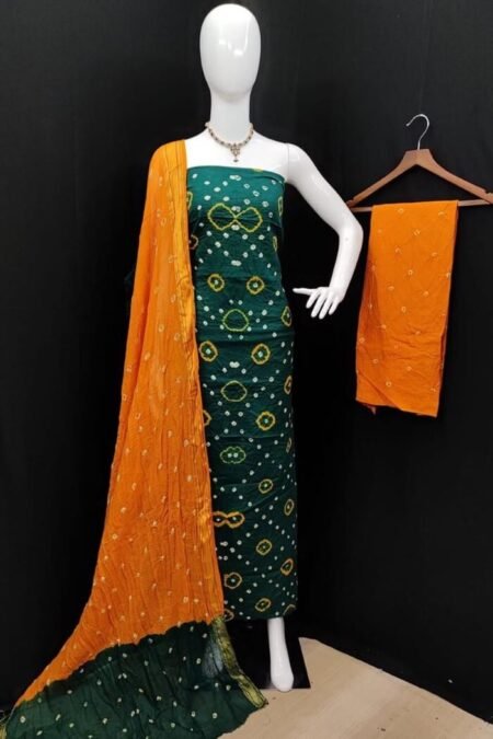 Green Pure Cotton Bandhani Dress Material set with Dupatta-kt03c