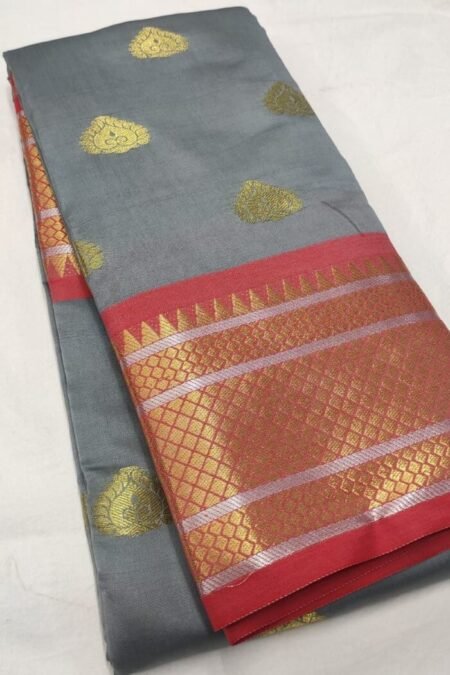 Grey Lichi silk saree with zari motifs enclosed-tt06c