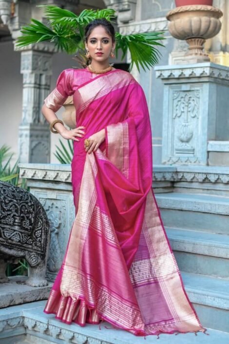 Intricate Pink Tussar Silk Traditional Saree-ish05a