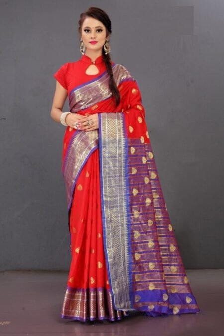 Red Lichi silk saree with zari motifs enclosed-tt06a