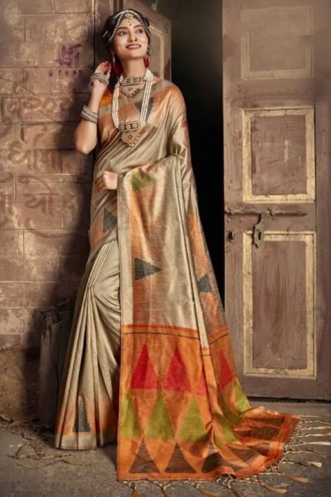 Handloom Raw Silk Weaving Cream Saree with Ikkat Resham Pallu-ad71a