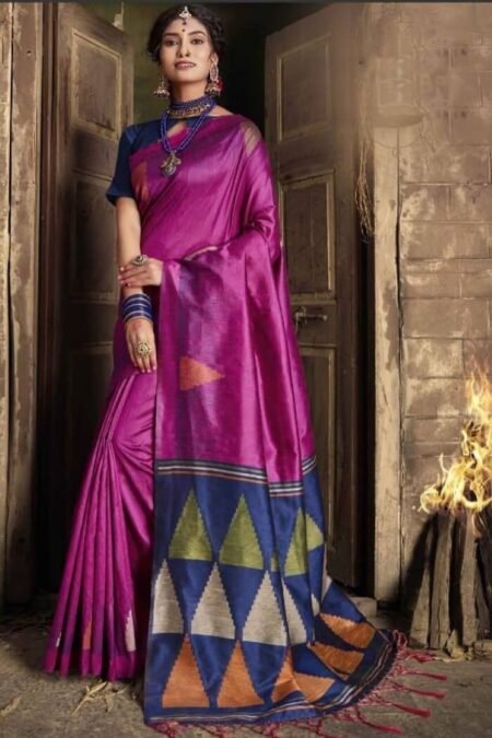 Handloom Raw Silk Weaving Pink Saree with Ikkat Resham Pallu-ad71eb