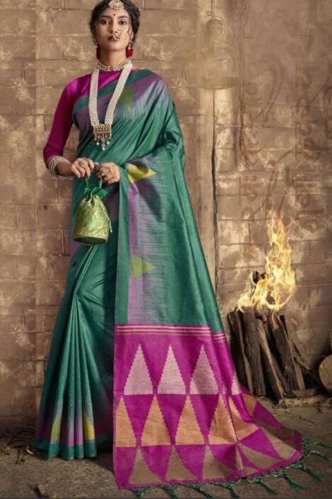 Handloom Raw Silk Weaving Rama Saree with Ikkat Resham Pallu-ad71db