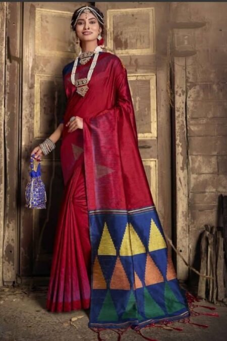 Handloom Raw Silk Weaving Red Saree with Ikkat Resham Pallu-ad71b