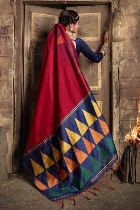 Handloom Raw Silk Weaving Red Saree with Ikkat Resham Pallu-ad71ba