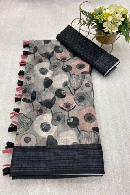 women's original Black linen digital Flower print saree-Arm03I
