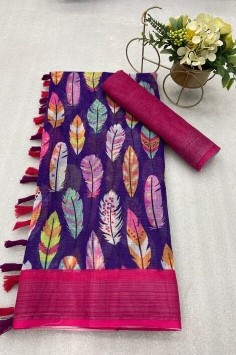 women’s original linen digital Feather print saree-arm03d