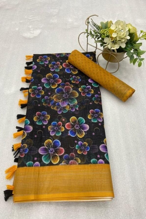 women's original linen digital Flower print saree-arm03h