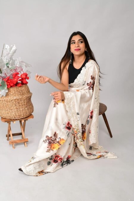 Energetic White Colour Sequence Worked Saree-ME101e