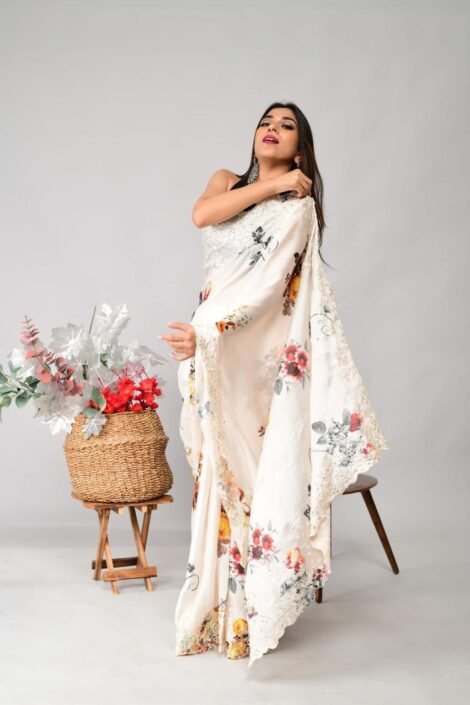 Energetic White Colour Sequence Worked Saree-ME101f