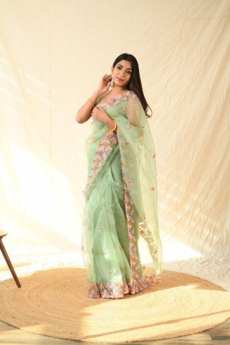 Green Printed Chinon Saree With Unstitched Blouse Piece