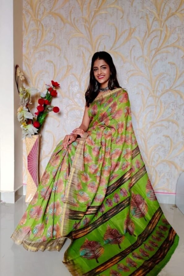 Green Printed Chanderi Cotton Saree With Blouse-ras02ba