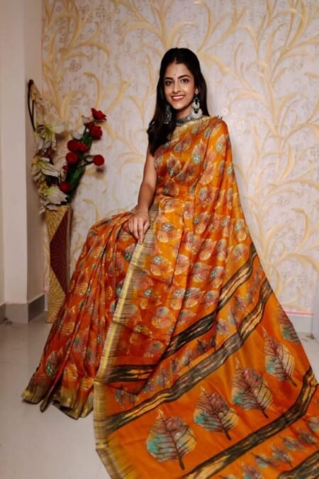 Orange Printed Chanderi Cotton Saree With Blouse-ras02fa