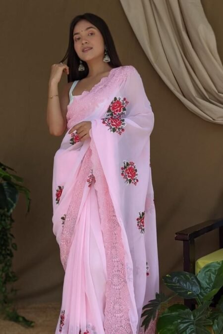 Pink Pure Georgette Flower work thread saree-me111da