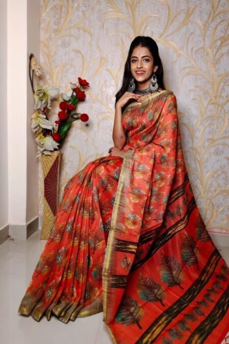 Red Printed Chanderi Cotton Saree With Blouse-ras02ga