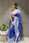 Blue Organza Silk Chikankari Work Sarees-HC02d