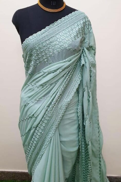 Cyan georgette sarees with Swarovski work-Un04ca