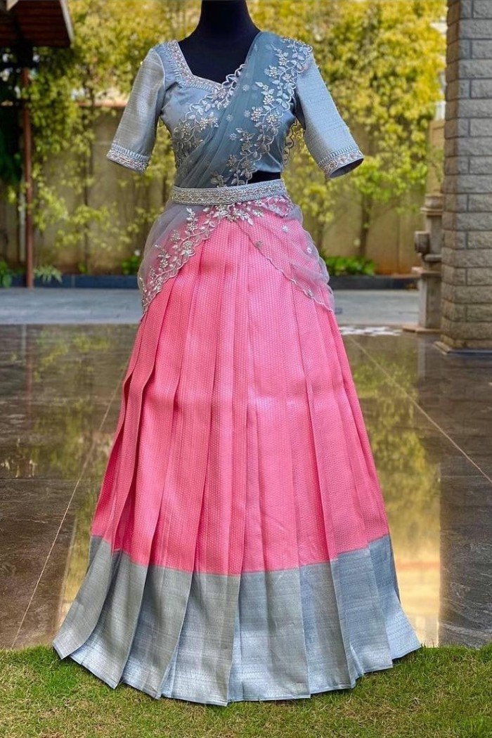 Buy Powder Pink Black Velvet Embroidered Lehenga With Blouse Online | Aza  Fashions