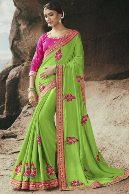Green Embroidery Lace Wedding Saree-MABH01a