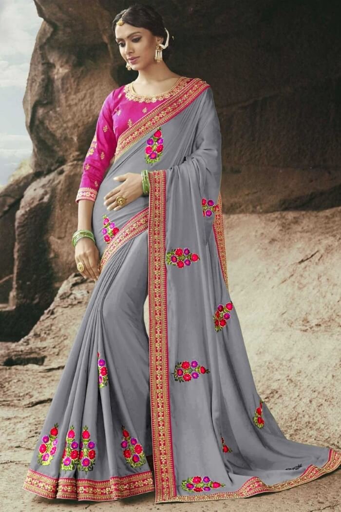 Grey Embroidery Lace Wedding Saree-MABH01b