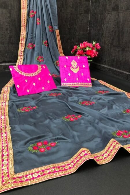 Grey Embroidery Lace Wedding Saree-MABH01ba