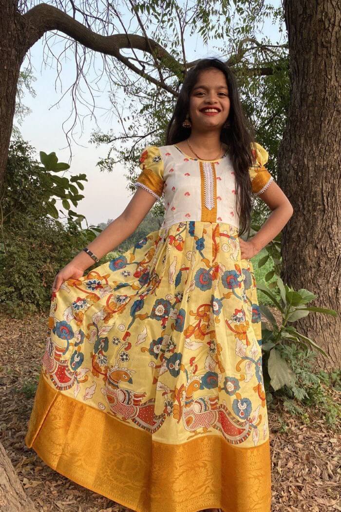 Yellow Kalamkari Design Long Gown For 