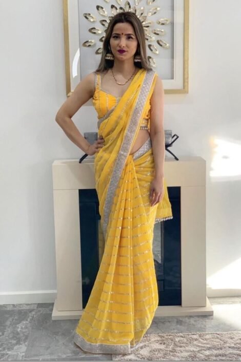 Yellow Georgette Foil Paper Work Bollywood Saree-LG02b