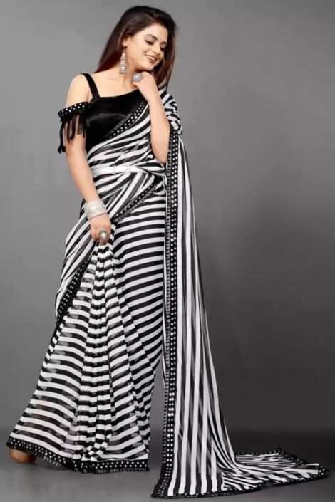 Black Georgette saree Zebra Printed with Fancy Border-PYM01b