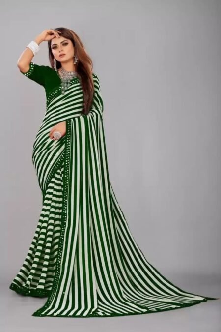 Green Georgette saree Zebra Printed with Fancy Border-PYM01a