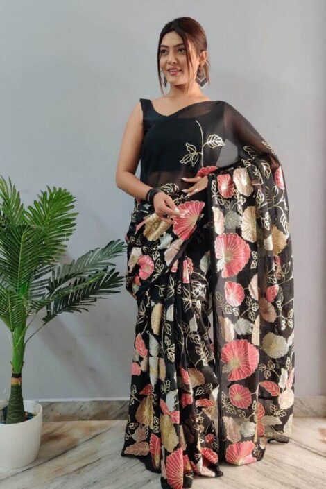 Black Party Wear Saree For Unmarried Girl Designerkloth black-party-wear-saree-for-unmarried-girl-designerkloth
