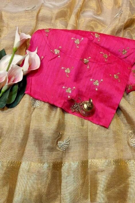 Pure Gold Pearl Work Tissue with Pink Blouse-TT104a