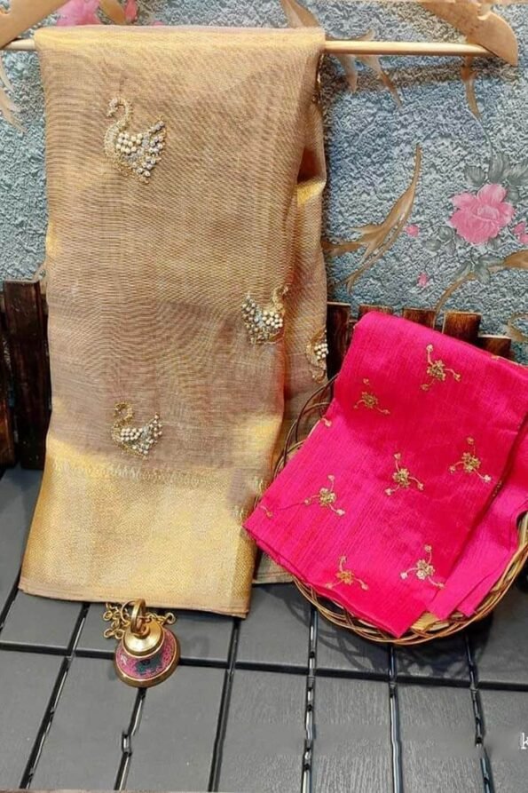 Pure Gold Pearl Work Tissue with Pink Blouse-TT104aa