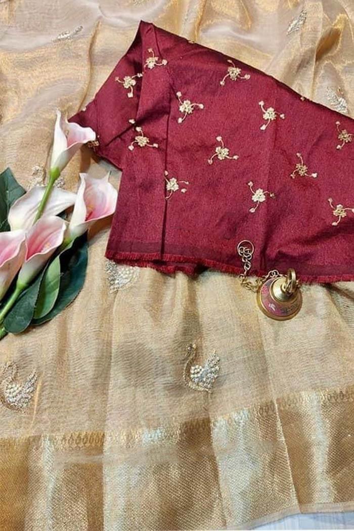Indian silk saree maroon with gold work. .stitched blouse for slim