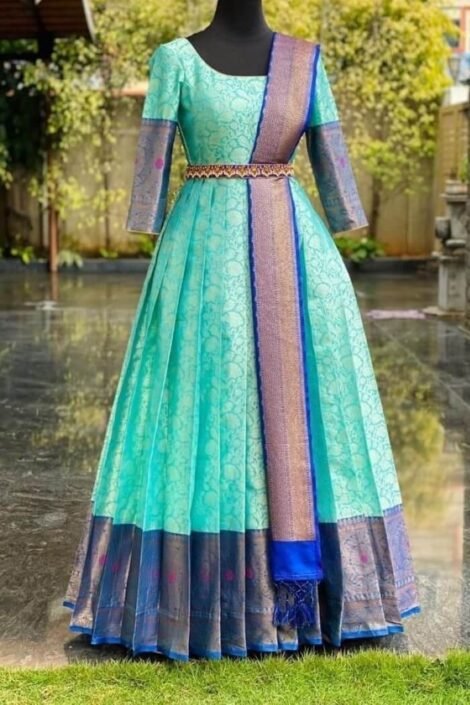 Sky Blue Banarasi Weaving Zari Work Gown With Dupatta-PVRC13d