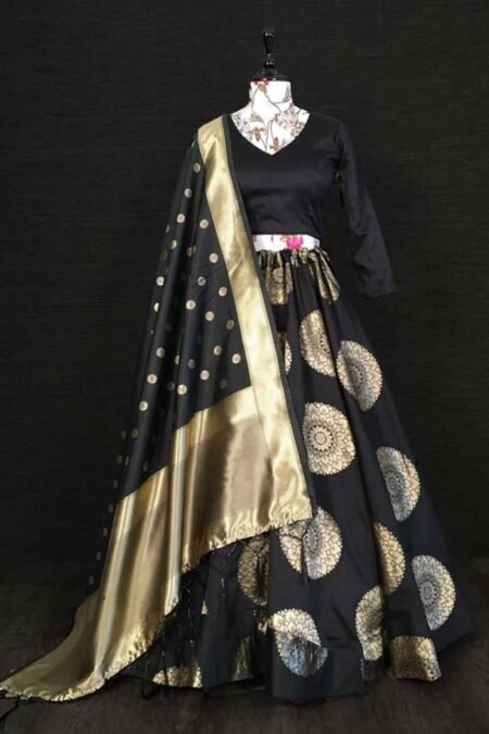 Black Colored Banarasi Silk Lehenga Choli Stitched-LNBK02b