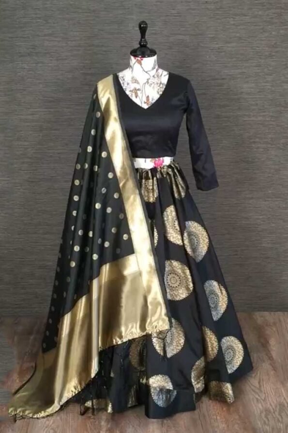Black Colored Banarasi Silk Lehenga Choli Stitched-LNBK02c