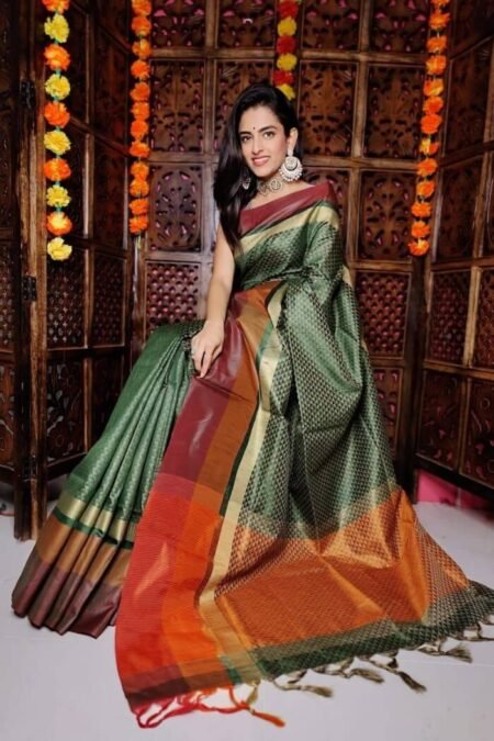 Khadi Cotton Silk Saree With Royal Tussels-Adi03a