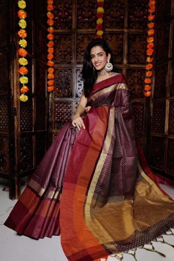 Khadi Cotton Silk Saree With Royal Tussels-Adi03c
