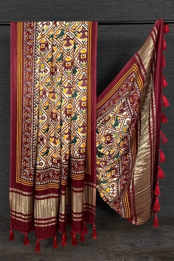 Maroon Animal Print Patola Gaji Silk Dupatta-LNBK06a