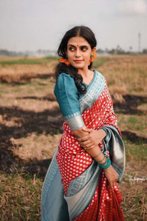 Red Lichi Silk Saree With Matching Blouse-ALM01a