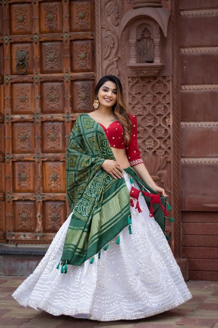White Color Lucknowi Work Georgette Lehenga Choli With Green