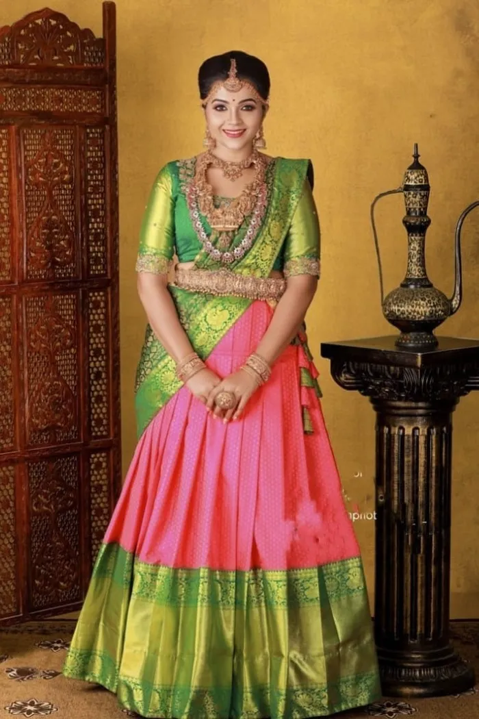 Indian Wedding Saree  Traditional Silk pink saree combination of green  blouse with Embroidered thread work   Price US 5555   Product Code  1660245   indianweddingsaree silk weddingdress indiandress 