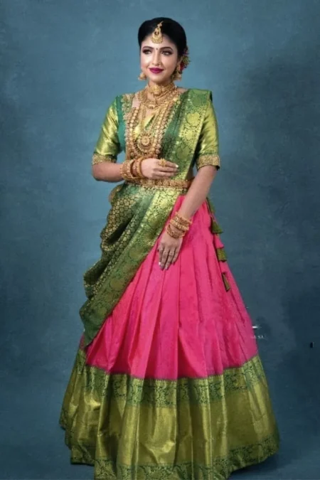 Pink & Green Embroidered Lehenga Set Design by Papa Don't Preach by  Shubhika at Pernia's Pop Up Shop 2024
