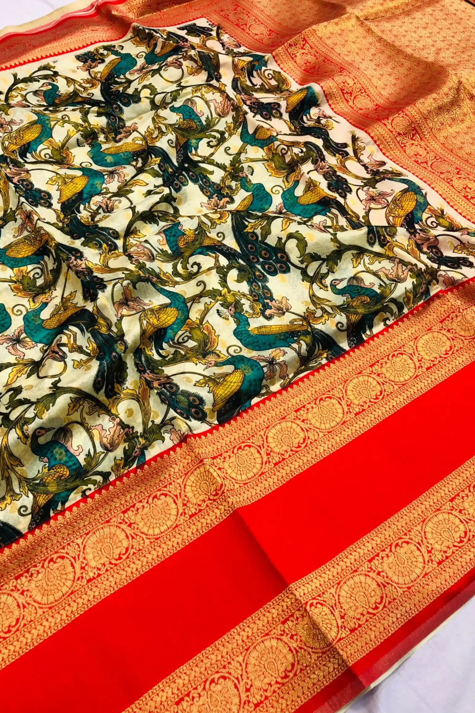 Parrot Green and Red color Chenderi silk handloom saree with all over  kalamkari printed design with