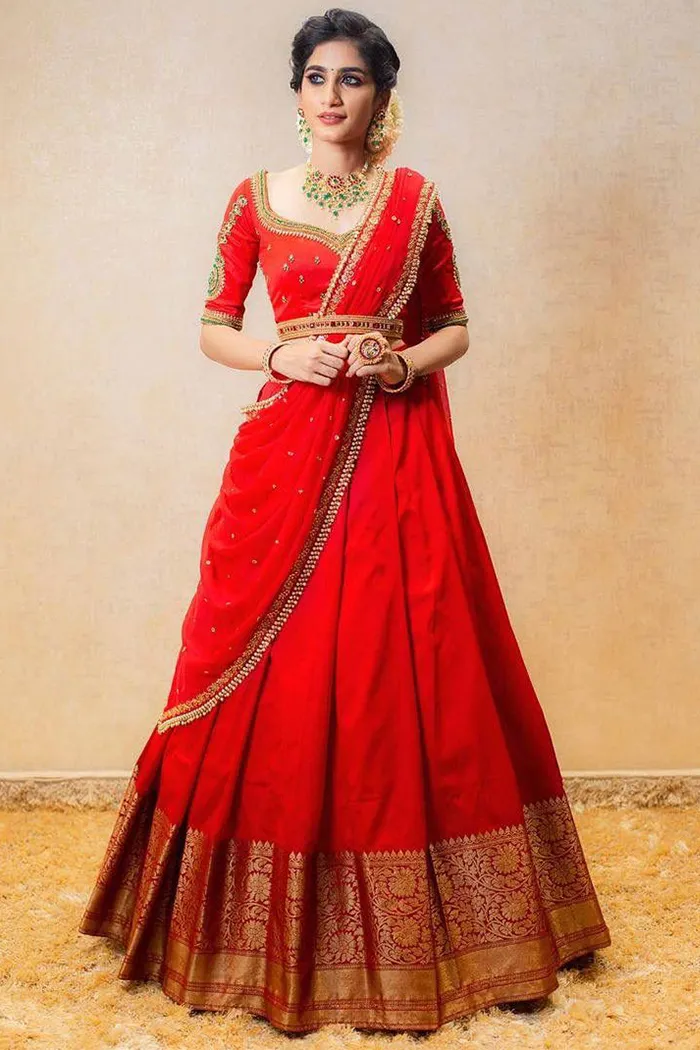 Blood Red Raw Silk Bridal Lehenga Choli Set with Tulle Dupatta – Nitika  Gujral