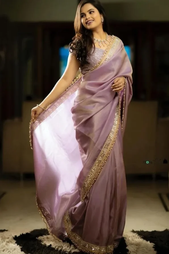 Cream tissue silk hand mirror saree (1)